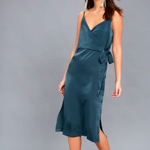Just One Answer Teal Satin Midi Wrap Dress
